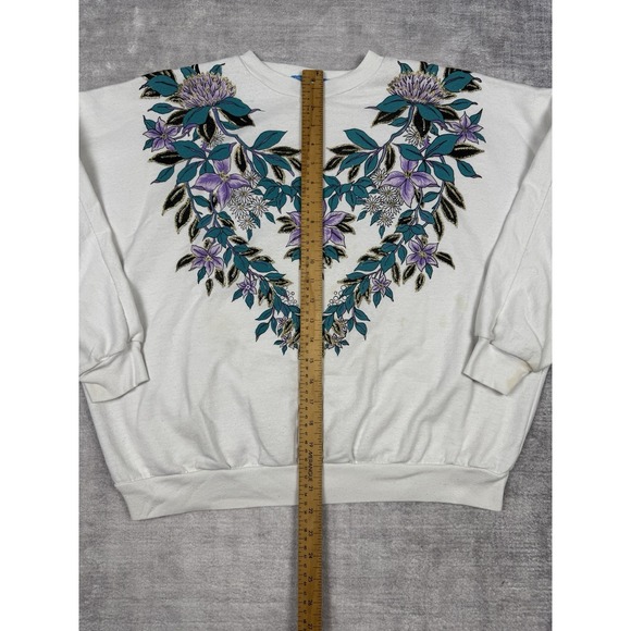 Vintage‎ Grandma Sweatshirt Womans XL White Floral 80s Boxy Crewneck Glitter - Picture 9 of 12